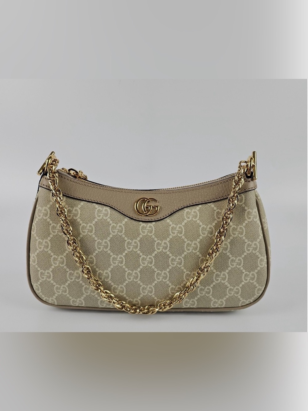 Gucci Beige GG Canvas Shoulder Bag with Gold Chain